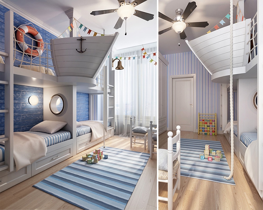 Decoración de una habitación infantil de estilo marino brillante