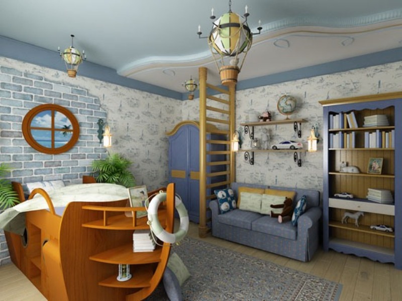 Interior de habitación infantil de estilo náutico con cama de barco.