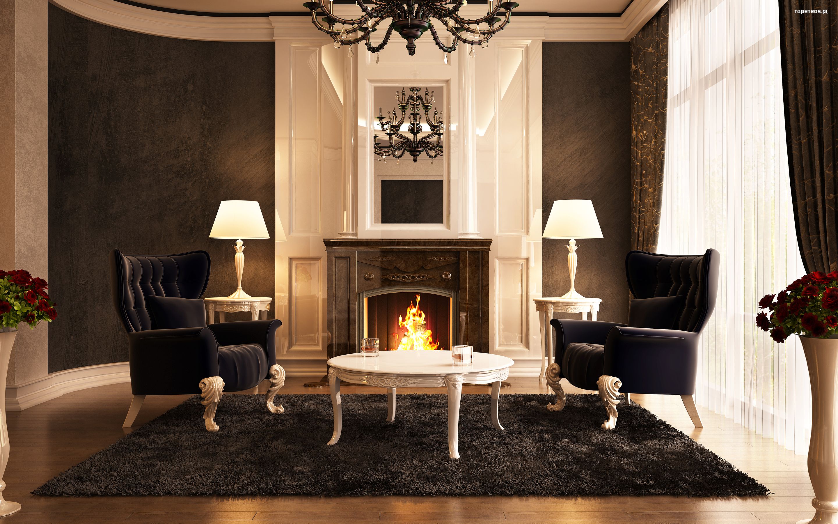 Diseño de chimenea para una sala de estar sencilla con muebles oscuros.