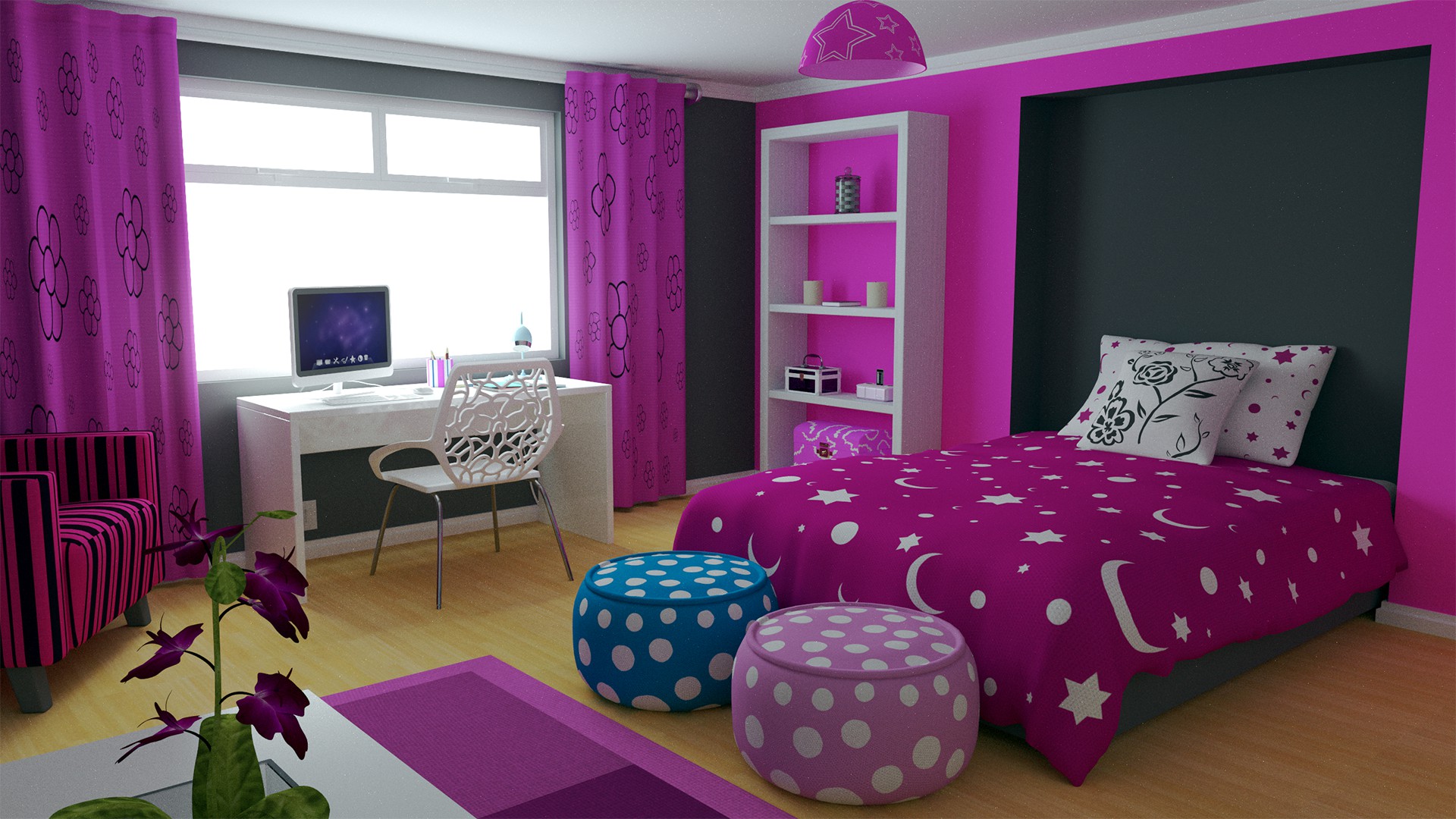 Papier peint design pour chambre d'enfant de couleur rose saturée.