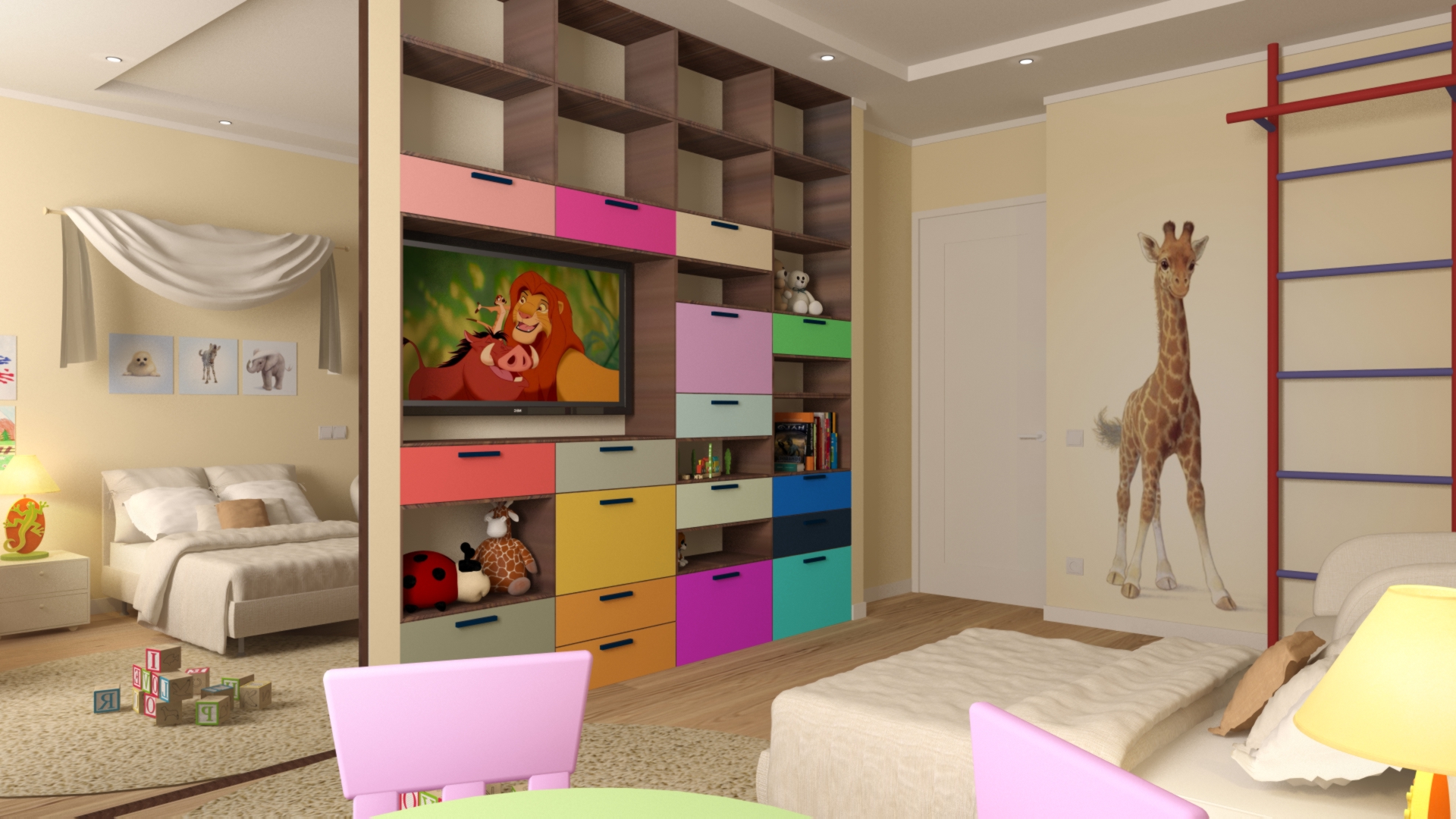 Grande chambre d'enfants pour une petite fille avec un papier peint brillant
