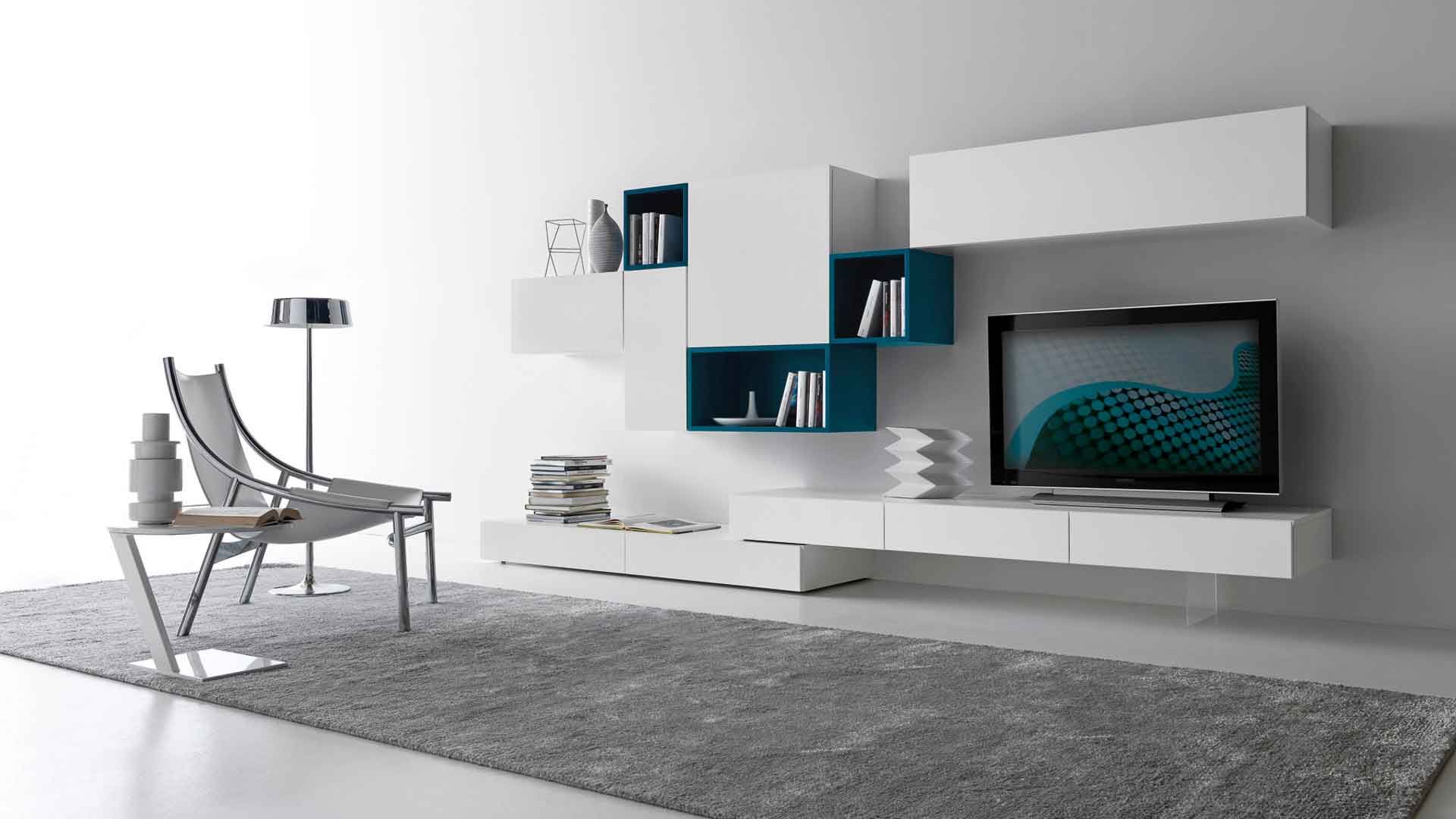 Diseño fotográfico de un soporte de TV para una habitación grande.