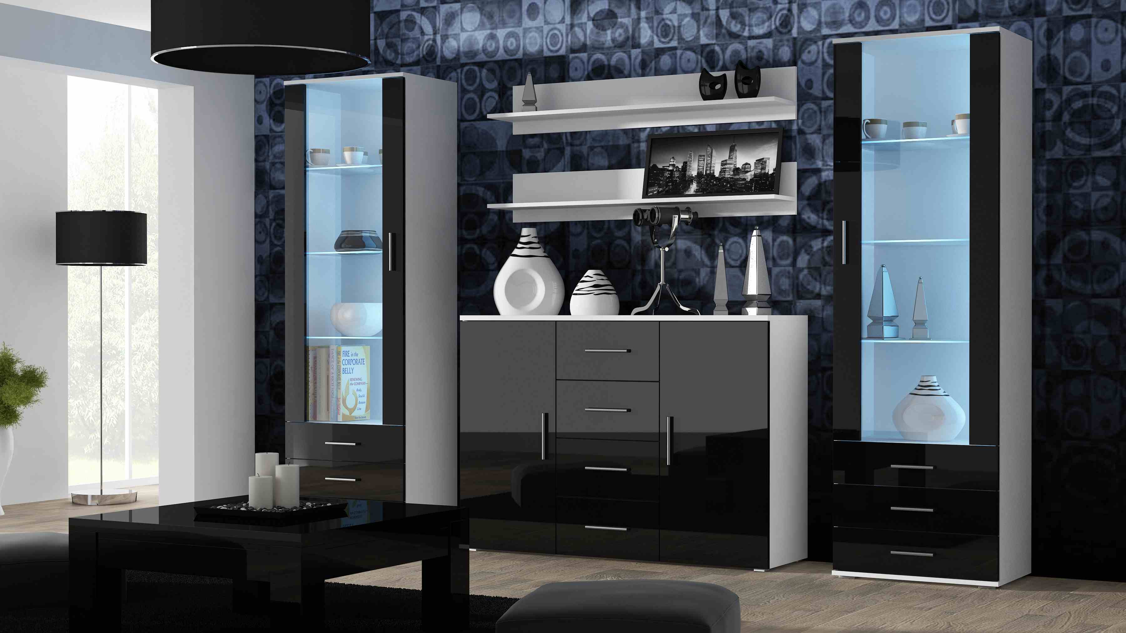 Diseño fotográfico de un soporte de TV para una habitación con muebles oscuros.