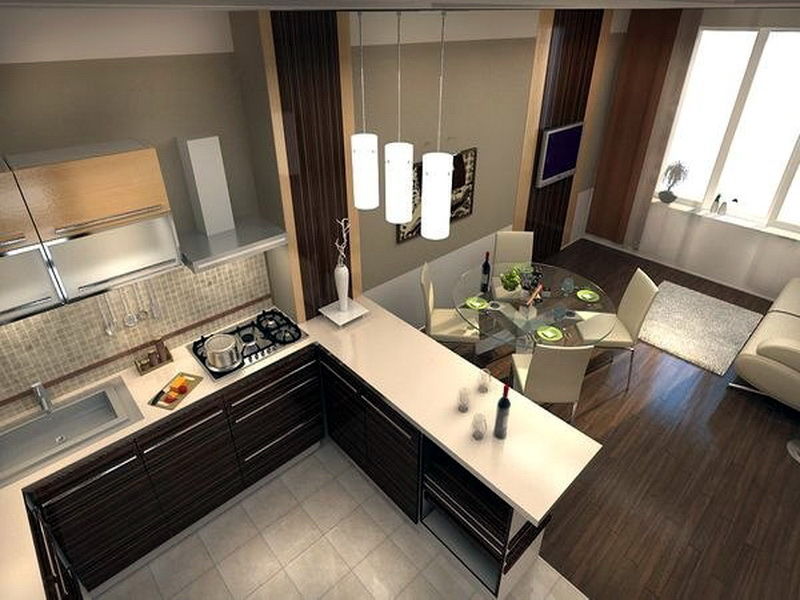 Photo d'un intérieur inhabituel pour la cuisine-salon