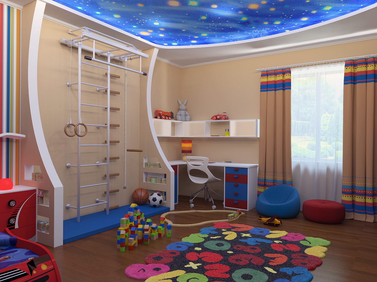 Chambre d'enfants avec un coin sportif pour un garçon