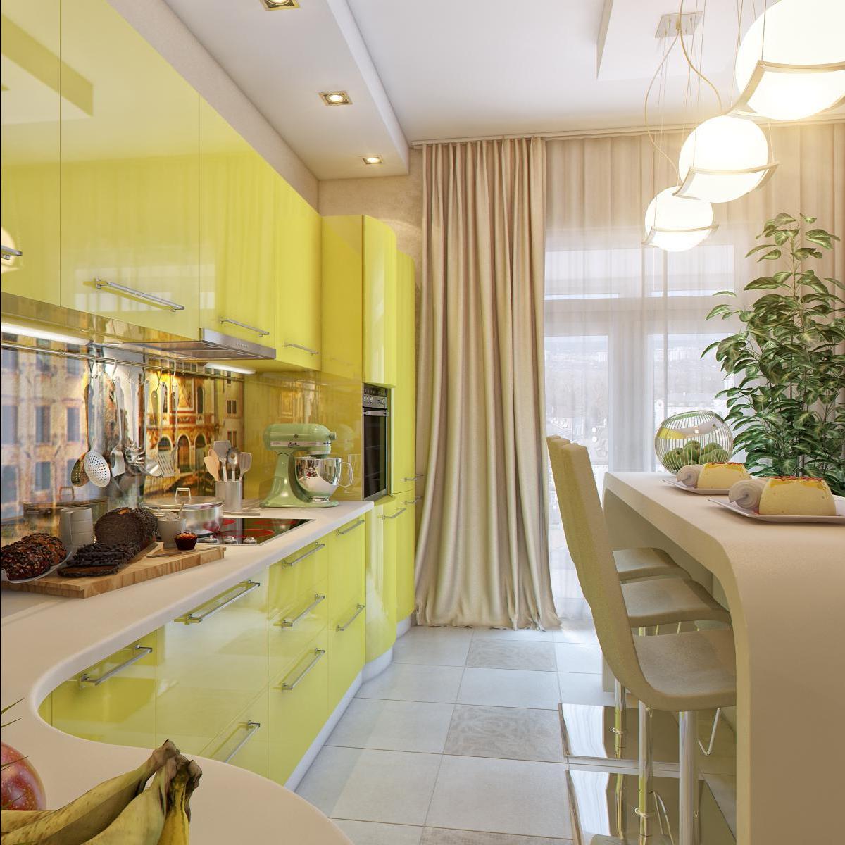 Intérieur d'une petite cuisine-salon de couleur vive