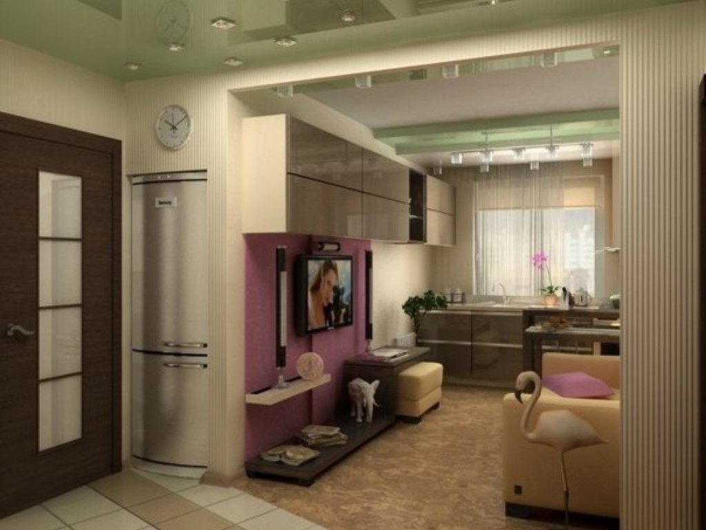 L'intérieur d'une petite cuisine-salon en rose vif