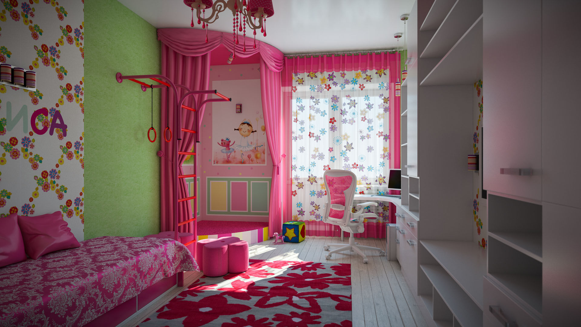 Conception de papier peint pour une chambre d'enfants avec des touches de rouge vif