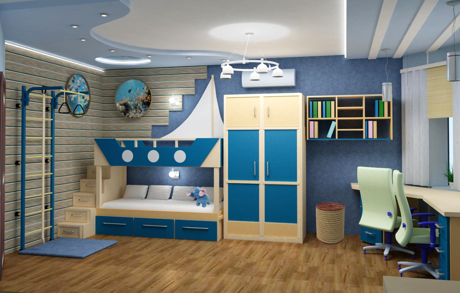 Estilo náutico para la decoración de una espaciosa habitación infantil para niño.