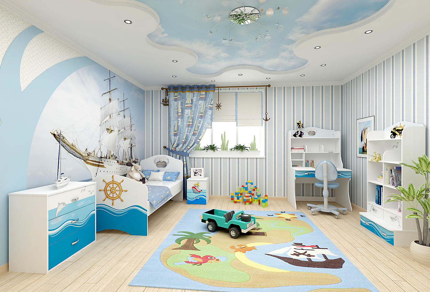 Diseño marino de una habitación infantil con papel tapiz fotográfico y decoración brillante.
