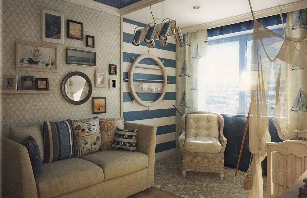 Habitación infantil pequeña de estilo marino para niño activo