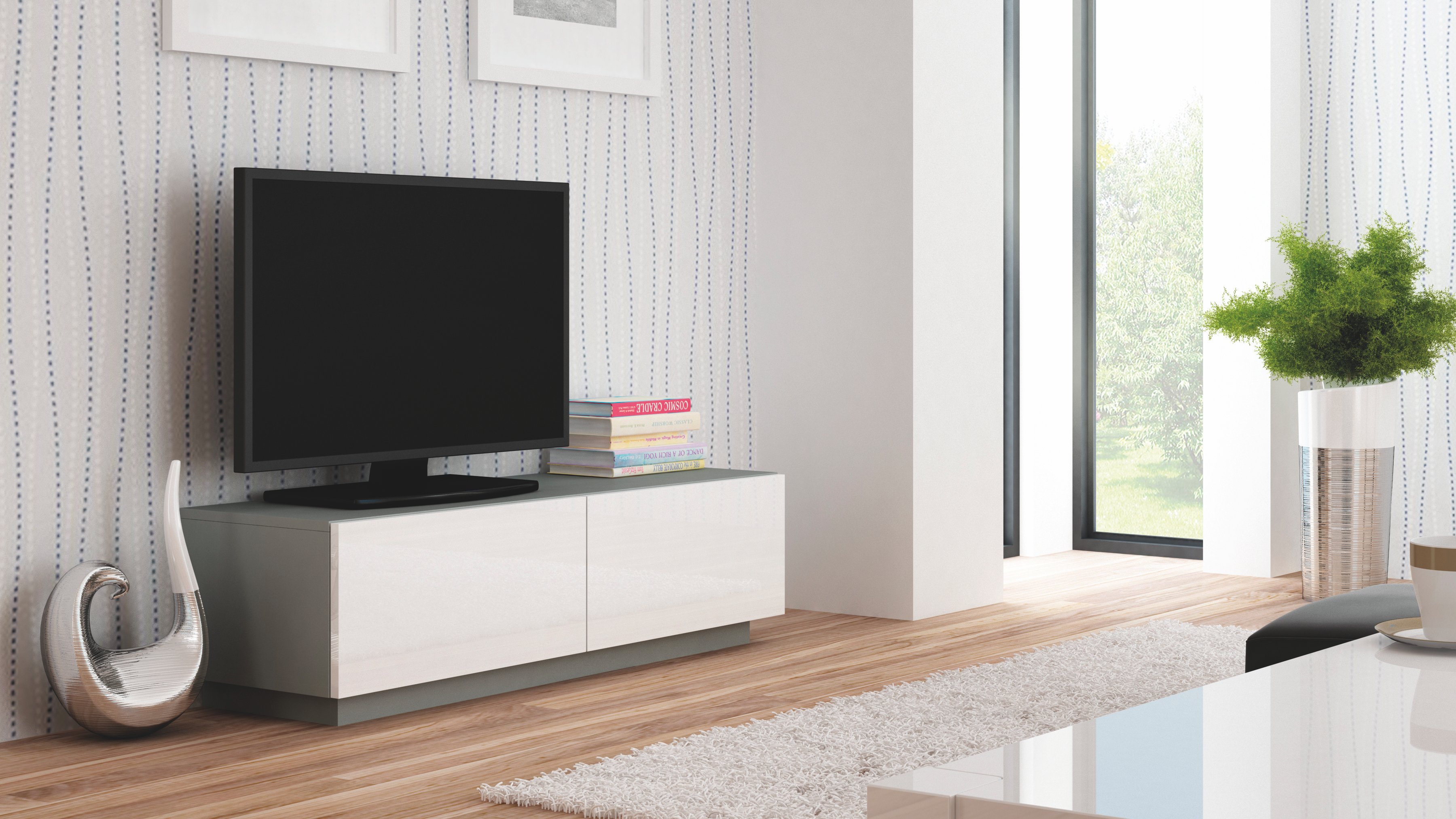 Soporte de luz inusual debajo de un televisor grande