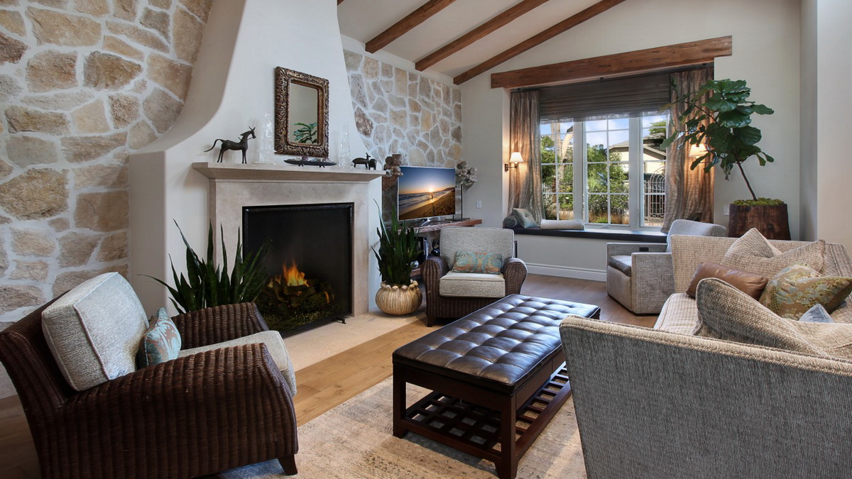 Seleccionamos una chimenea para el interior de una sala de estar moderna y espaciosa.