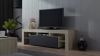 Soporte de TV clásico con estantes profundos y cómodos.