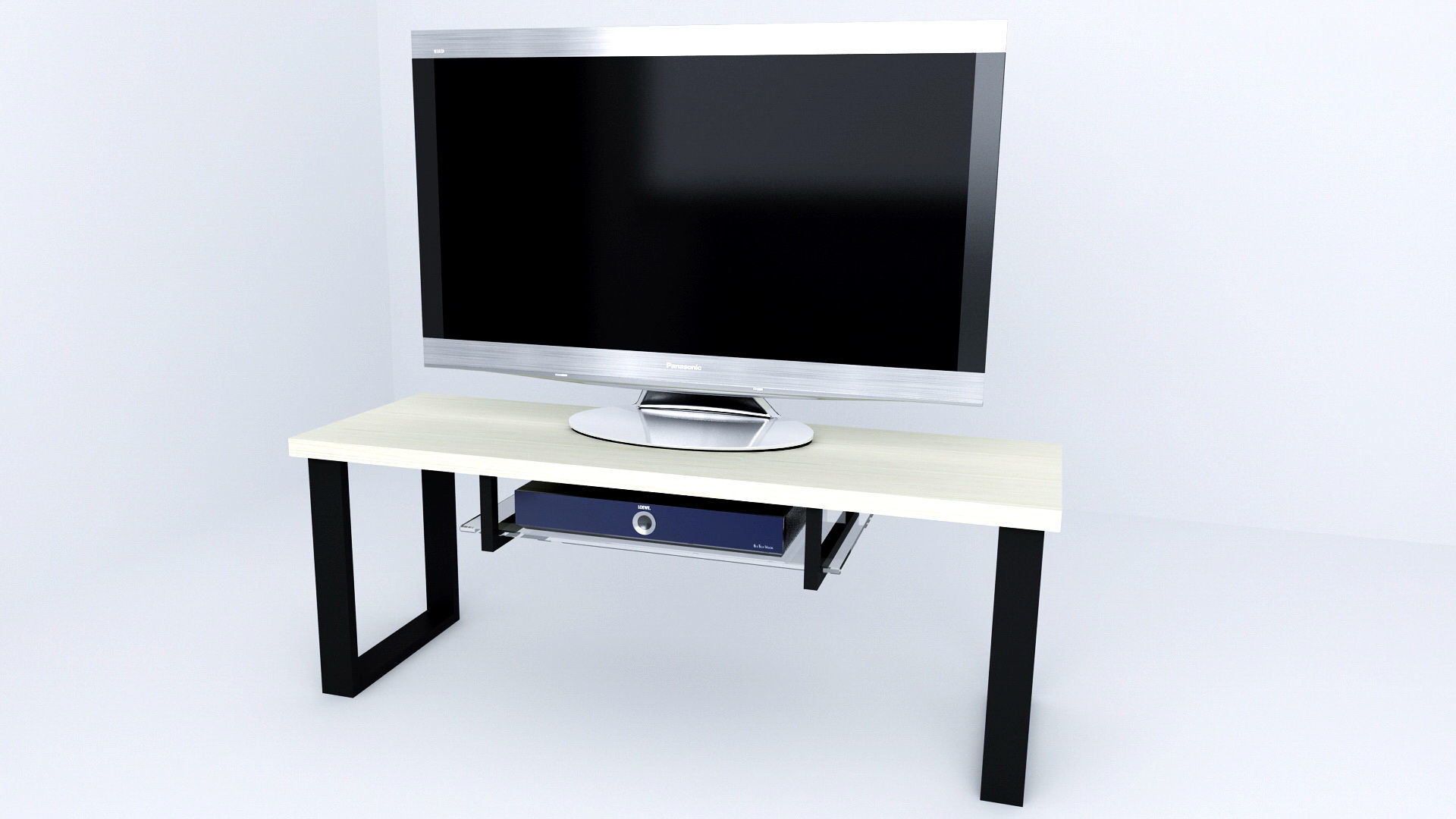 Mueble de televisión con una parte superior clara y patas oscuras