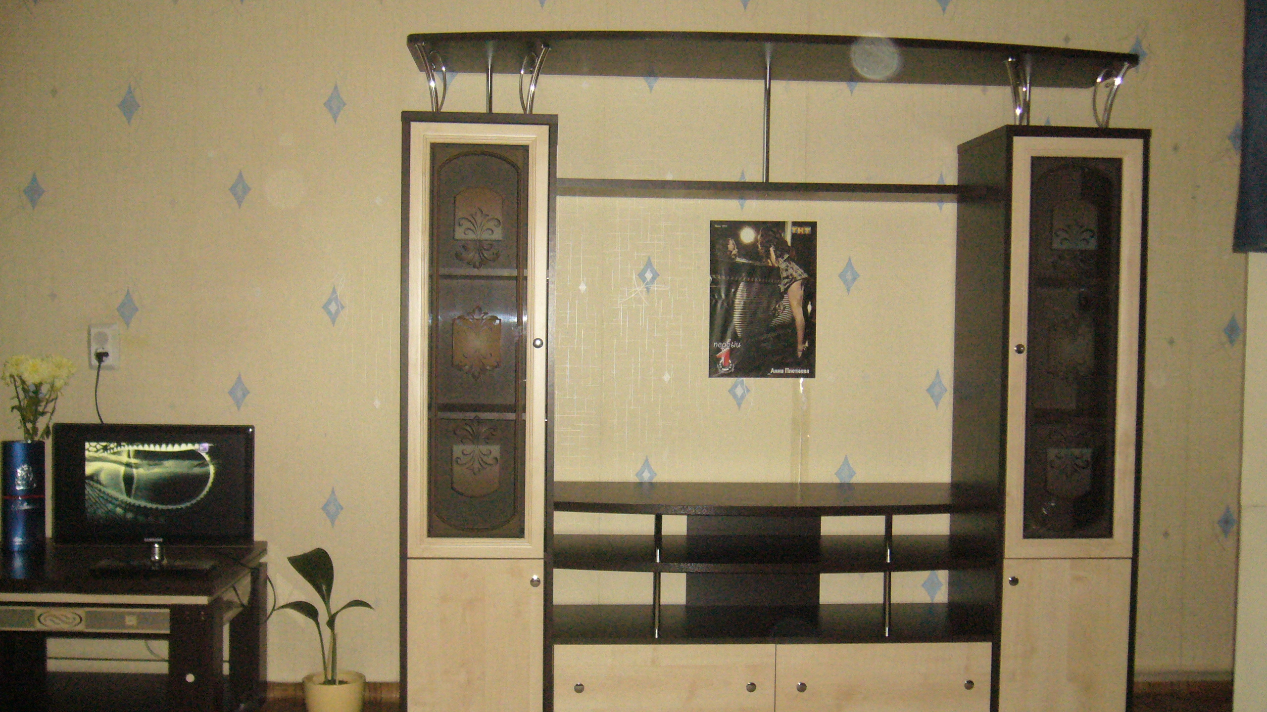 Vitrine pour les plats aux portes originales opaques dans un salon spacieux