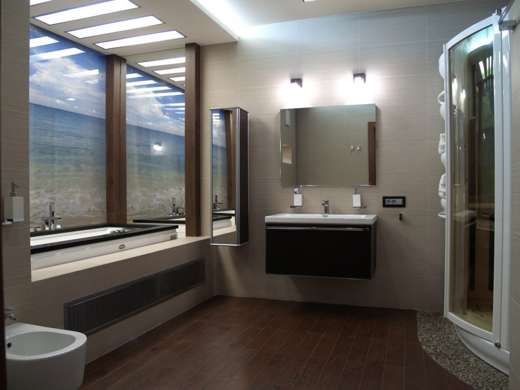 estilo inusual del baño con ducha en colores vivos