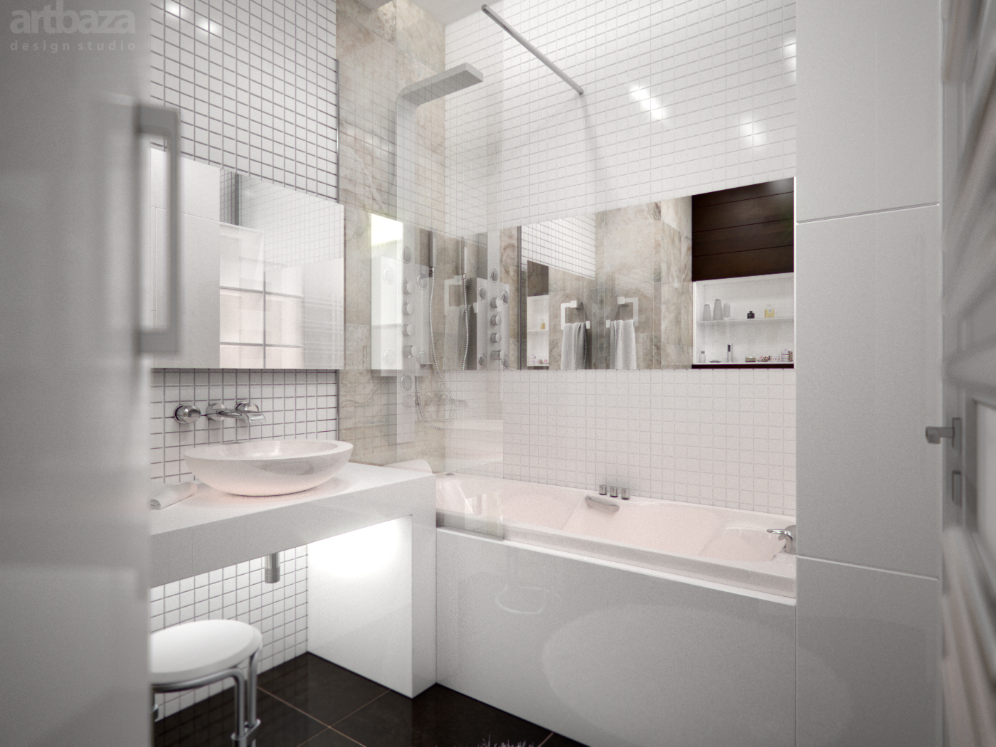 diseño brillante de un baño con ducha en colores oscuros