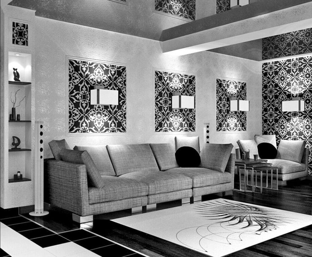 intérieur de chambre insolite en noir et blanc
