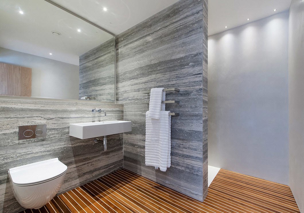 baño de estilo hermoso con ducha de colores claros