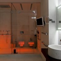 diseño brillante de un baño con ducha de color claro photo