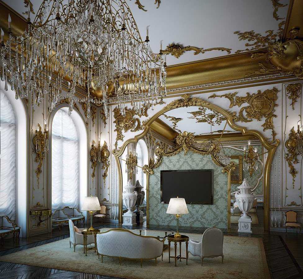 hermoso interior de la sala de estar en el estilo rocco