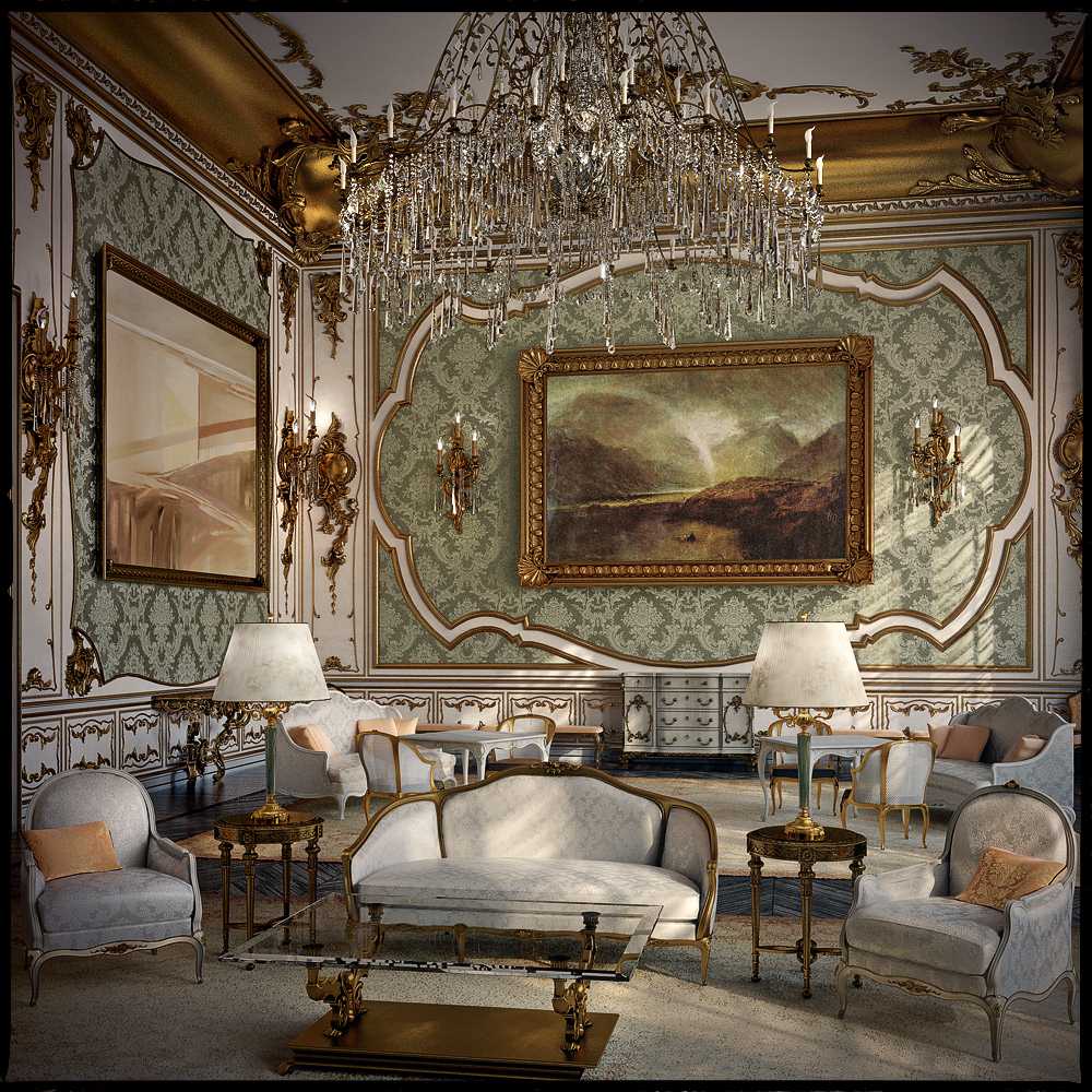brillante interior de la sala en el estilo rocco