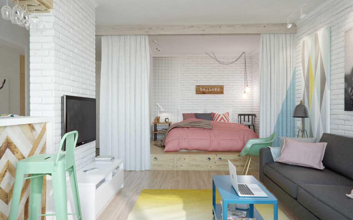 brillante interior del dormitorio y sala de estar en una habitación