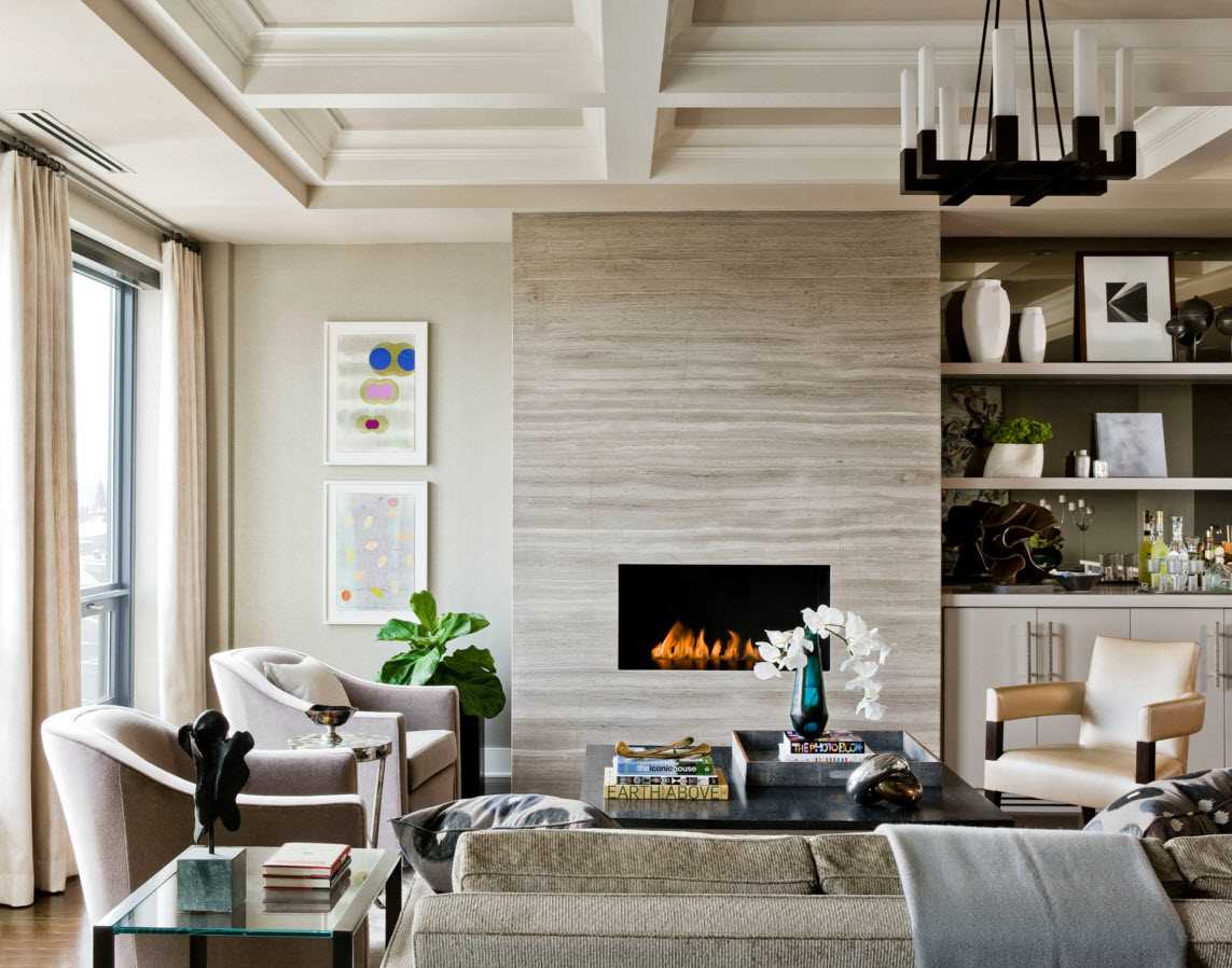 Un exemple d'un beau décor d'un salon avec une cheminée