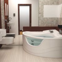 idée d'une salle de bain moderne avec baignoire d'angle photo