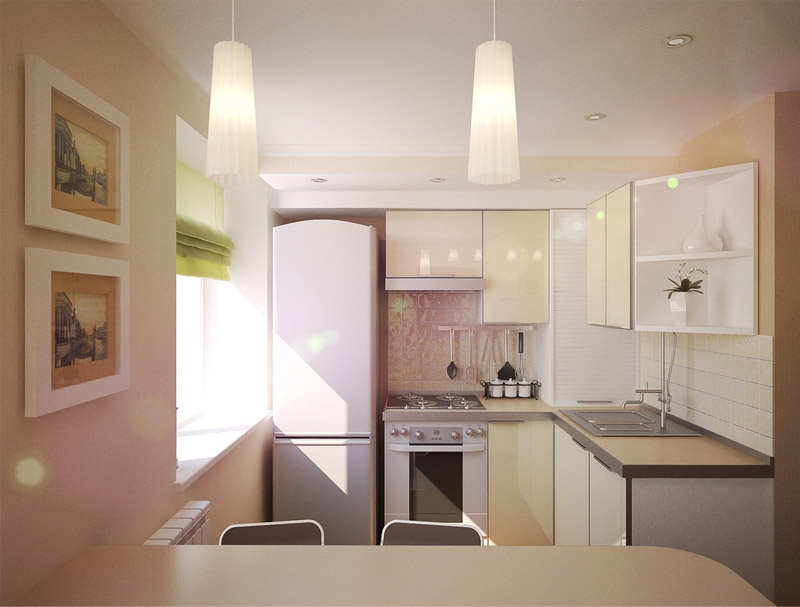 cocina de diseño de 5 metros cuadrados con refrigerador
