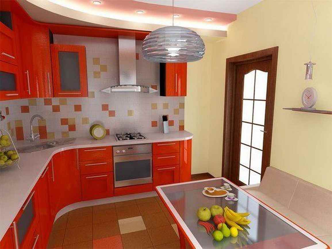 Un ejemplo de una decoración brillante de una cocina de 10 m2. n series 44