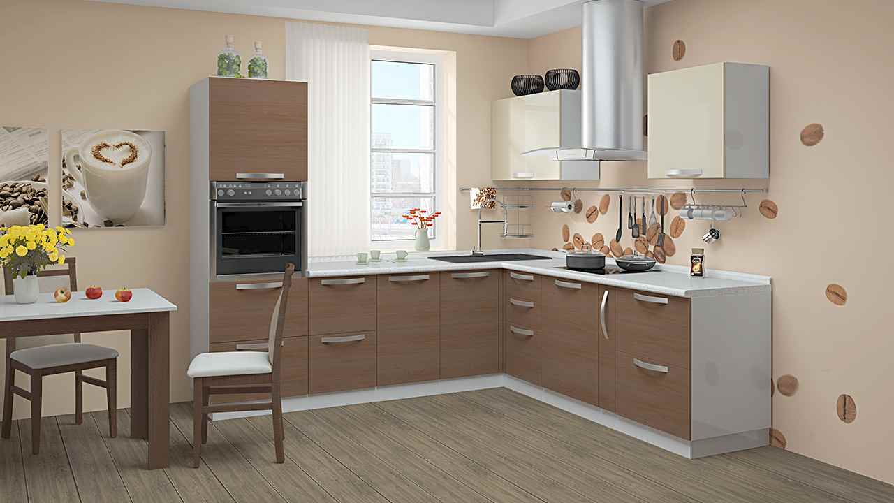 La idea de un interior luminoso de cocina de 10 m2. n series 44