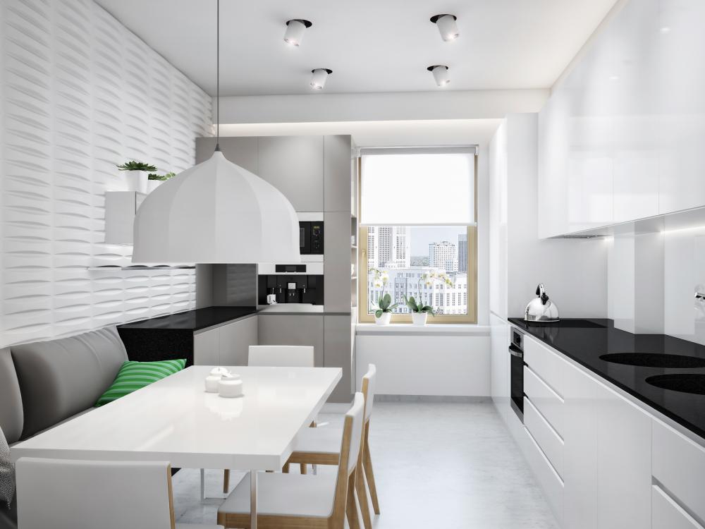 diseño de una cocina rectangular en colores vivos.