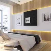 Un ejemplo de una decoración inusual del estilo de las paredes en la imagen del dormitorio.
