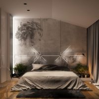 Tons gris dans la chambre à coucher avec papier peint photo