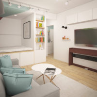 Couleurs pastel à l'intérieur odnushki avec un lit de podium
