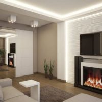 Cheminée décorative sous la télévision dans la maison à panneaux d'odnushka