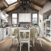 Plafond en bois dans la cuisine-salon