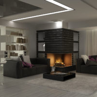 Intérieur noir avec une cheminée de célibataire dans le salon