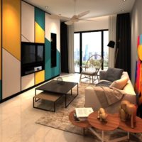 Trapèzes colorés sur les façades des armoires du salon d'origine