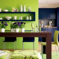 La combinaison de couleurs bleu et olive à l'intérieur de la cuisine