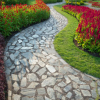 Un chemin de pierre naturelle entre les parterres de fleurs