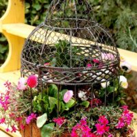 Vase à fleurs original d'une ancienne cage à oiseaux
