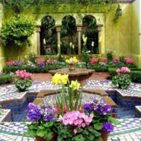 Pots de fleurs avec des fleurs autour d'un réservoir de pays