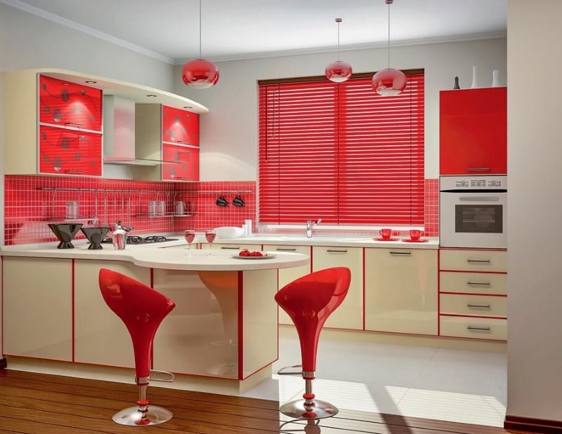 Taburetes rojos en la cocina blanca