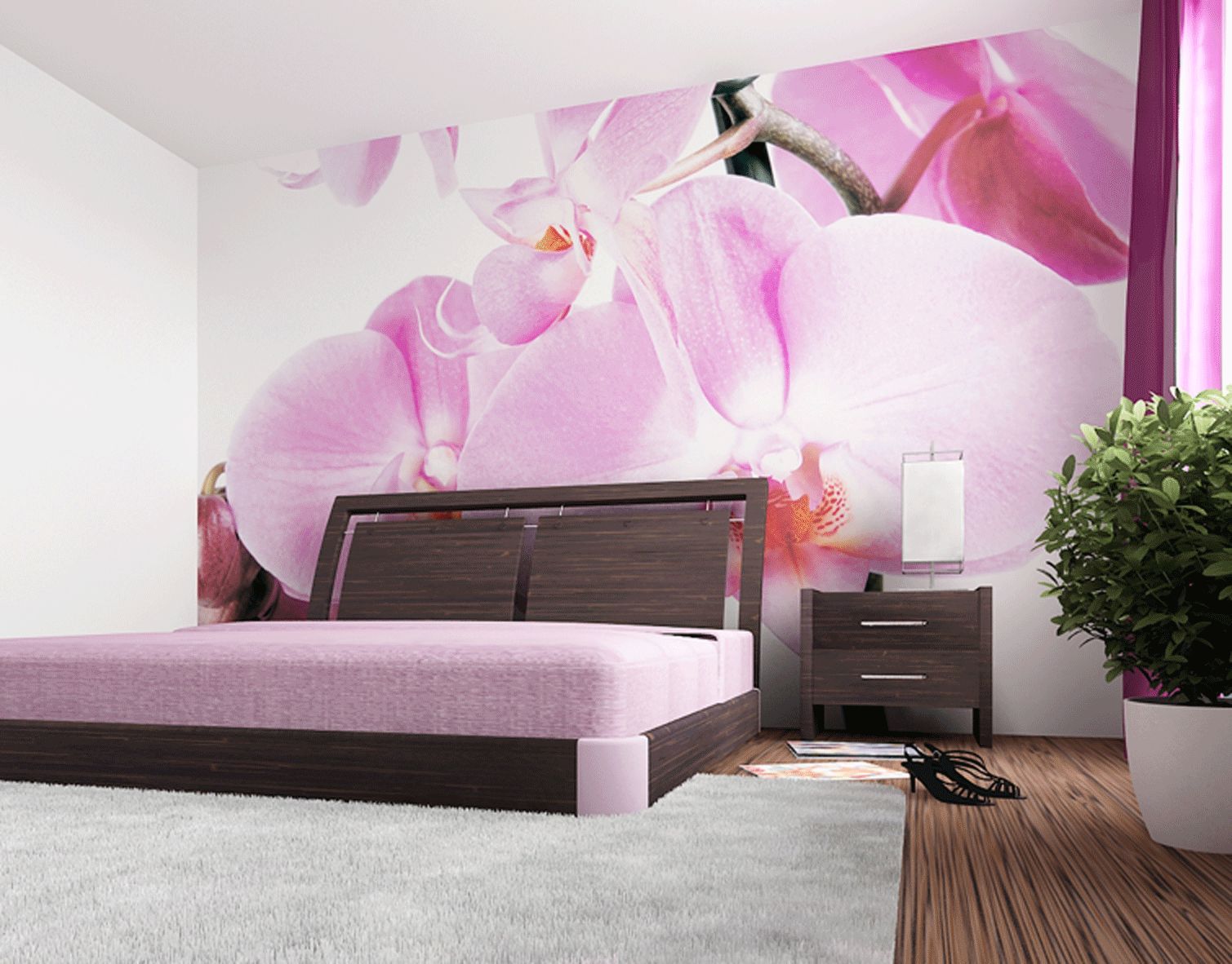 Fotomural con grandes flores en el interior de un dormitorio.