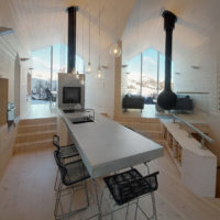 Salon intérieur d'une maison privée avec des poêles en métal