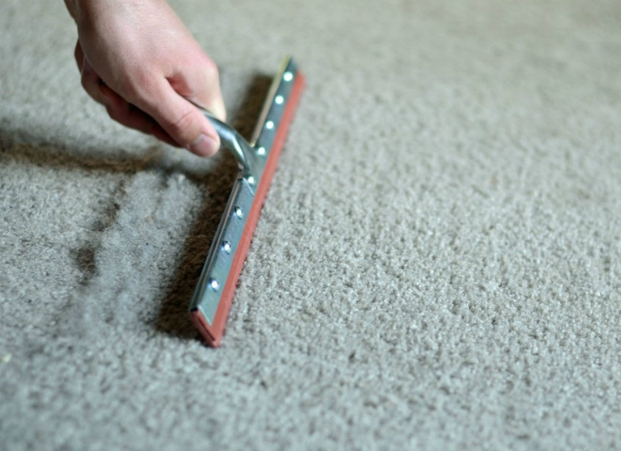 Nettoyage du tapis du salon avec un grattoir en verre
