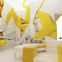 Diseño de dormitorio en amarillo y blanco.